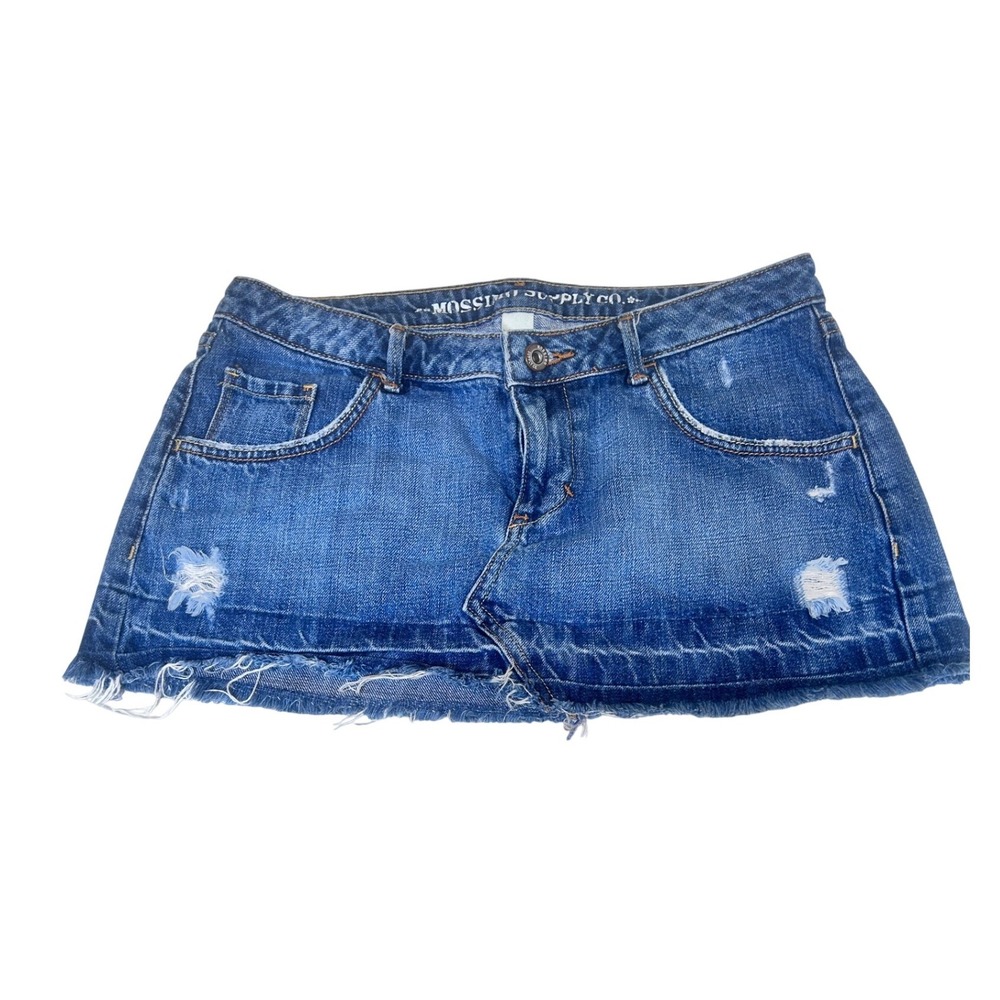 Mossimo Supply Co Denim Mini Skirt Medium Wash Distressed Raw Hem Size 9 Womens